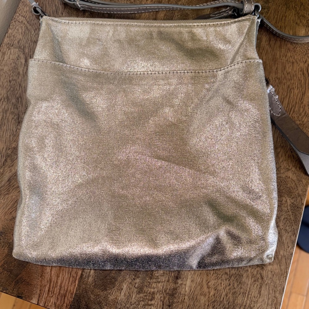 Frye Crossbody Bag Women Small Gold Metallic Canvas Leather Trim Industrial Glam - Picture 7 of 10